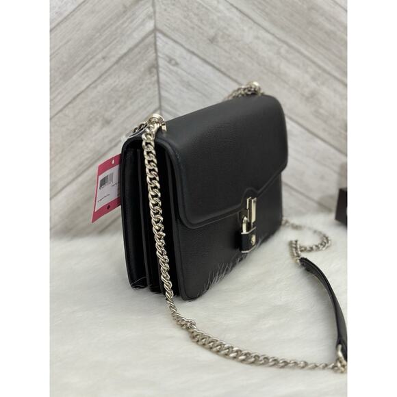 Kate Spade Locket Large Flap Crossbody Bag Black Pebbled Leather Chain Strap NWT - Picture 5 of 5